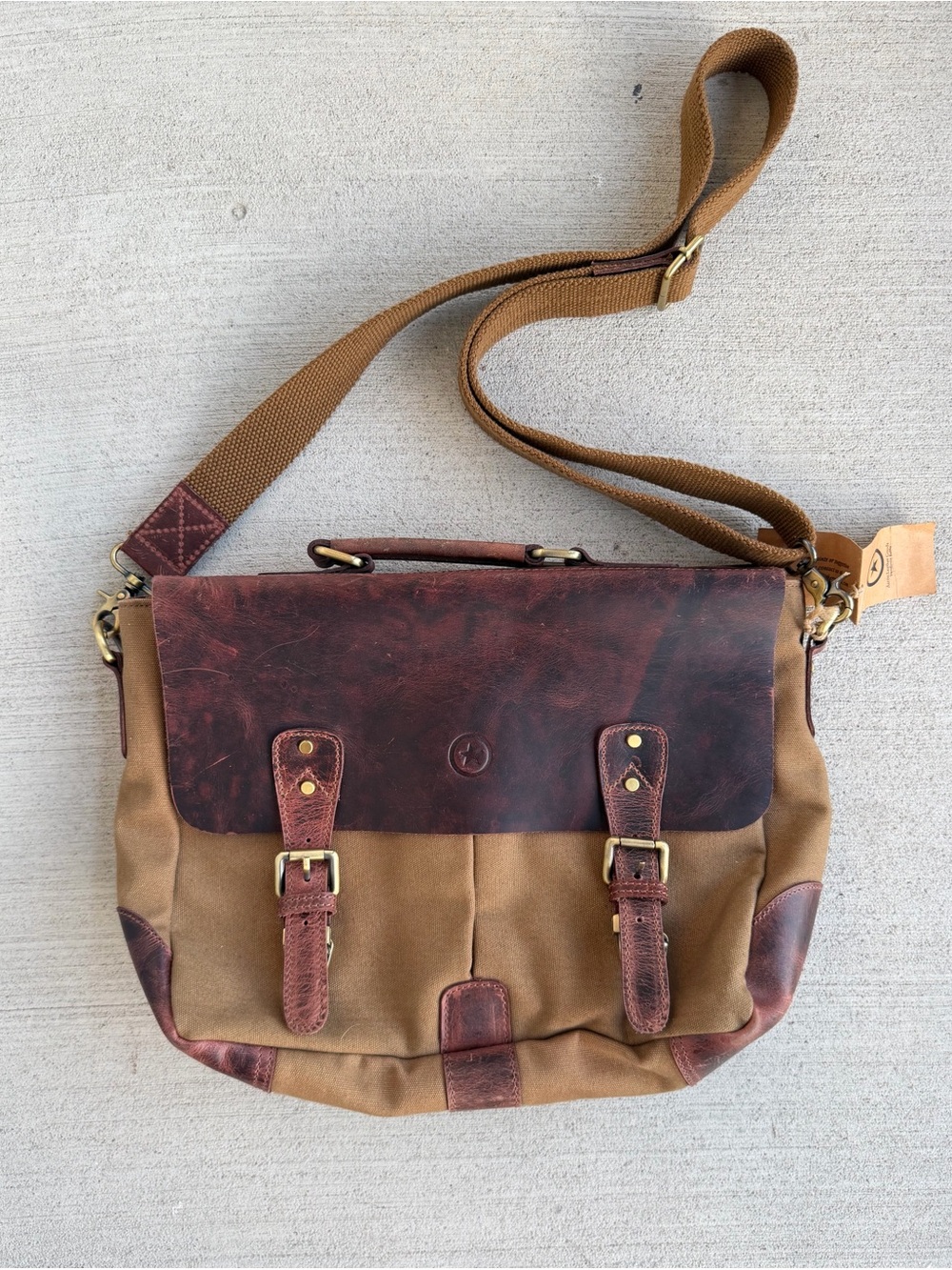 Aaron Leather Goods Waxed Canvas Leather Messenger Bag 16” Laptop Briefcase Brow